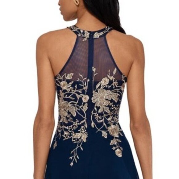 Betsy & Adam Womens Size Petite 4P Navy Long Embroidered Halter Chiffon Gown NEW - Picture 3 of 4